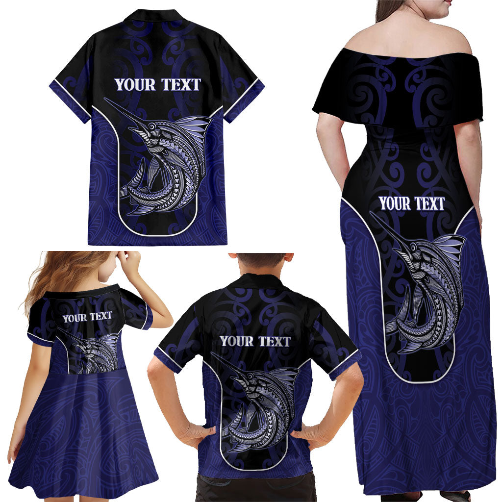 Personalised New Zealand Aotearoa Family Matching Off Shoulder Maxi Dress and Hawaiian Shirt Blue Marlin Fishing Maori Pattern