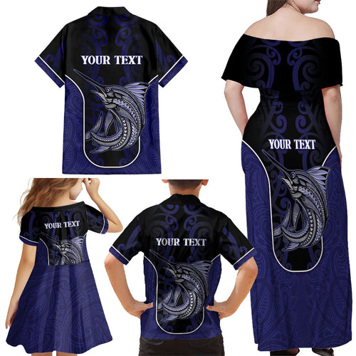 Personalised New Zealand Aotearoa Family Matching Off Shoulder Maxi Dress and Hawaiian Shirt Blue Marlin Fishing Maori Pattern