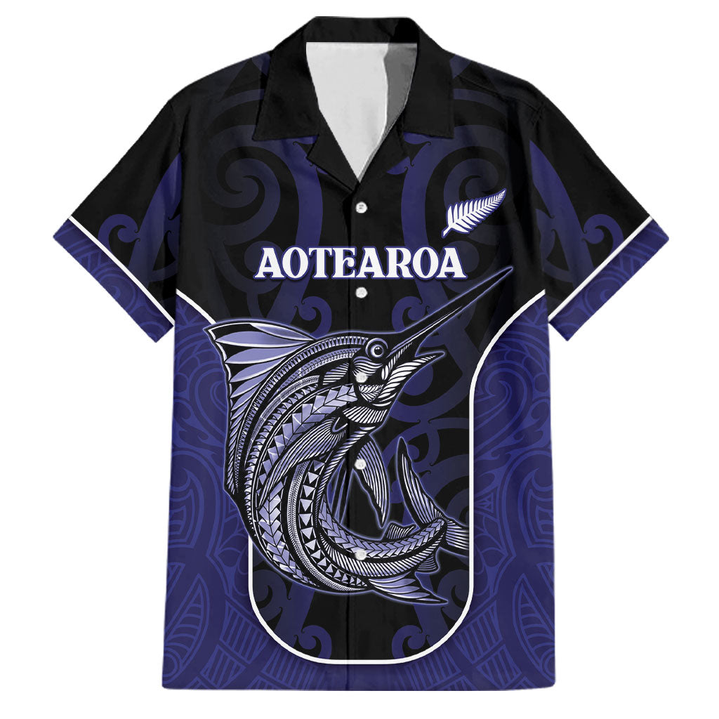 Personalised New Zealand Aotearoa Family Matching Off Shoulder Maxi Dress and Hawaiian Shirt Blue Marlin Fishing Maori Pattern