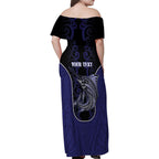 Personalised New Zealand Aotearoa Family Matching Off Shoulder Maxi Dress and Hawaiian Shirt Blue Marlin Fishing Maori Pattern