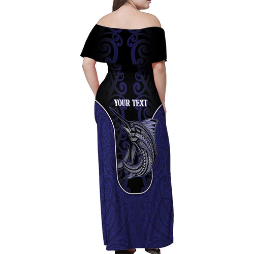 Personalised New Zealand Aotearoa Family Matching Off Shoulder Maxi Dress and Hawaiian Shirt Blue Marlin Fishing Maori Pattern