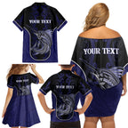 Personalised New Zealand Aotearoa Family Matching Off Shoulder Short Dress and Hawaiian Shirt Blue Marlin Fishing Maori Pattern