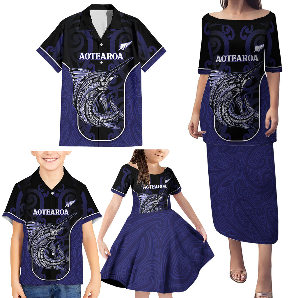 Personalised New Zealand Aotearoa Family Matching Puletasi and Hawaiian Shirt Blue Marlin Fishing Maori Pattern