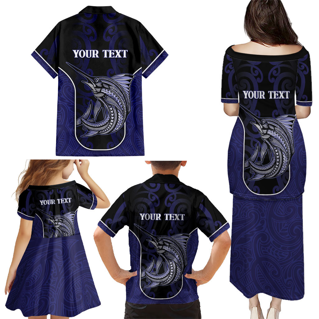 Personalised New Zealand Aotearoa Family Matching Puletasi and Hawaiian Shirt Blue Marlin Fishing Maori Pattern