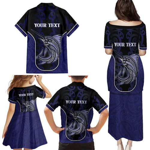Personalised New Zealand Aotearoa Family Matching Puletasi and Hawaiian Shirt Blue Marlin Fishing Maori Pattern