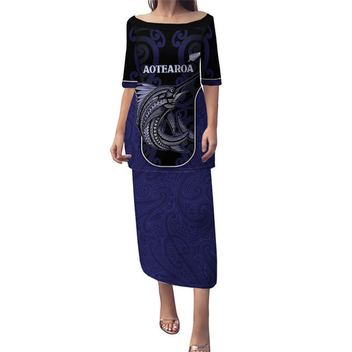 Personalised New Zealand Aotearoa Family Matching Puletasi and Hawaiian Shirt Blue Marlin Fishing Maori Pattern