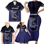 Personalised New Zealand Aotearoa Family Matching Short Sleeve Bodycon Dress and Hawaiian Shirt Blue Marlin Fishing Maori Pattern