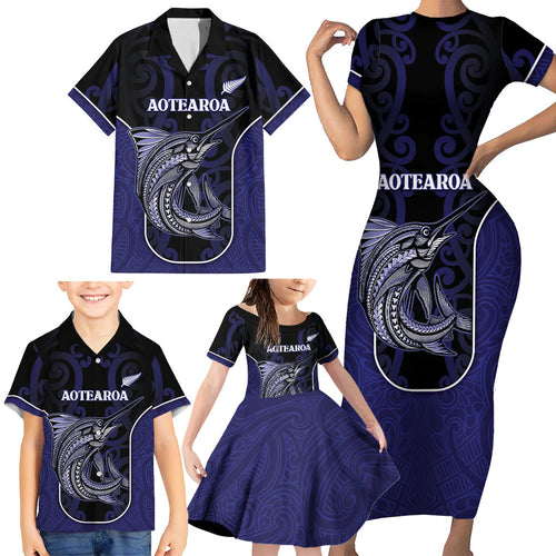 Personalised New Zealand Aotearoa Family Matching Short Sleeve Bodycon Dress and Hawaiian Shirt Blue Marlin Fishing Maori Pattern