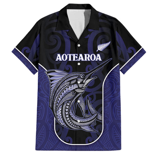 Personalised New Zealand Aotearoa Family Matching Short Sleeve Bodycon Dress and Hawaiian Shirt Blue Marlin Fishing Maori Pattern