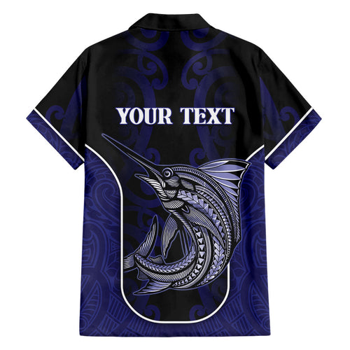 Personalised New Zealand Aotearoa Family Matching Short Sleeve Bodycon Dress and Hawaiian Shirt Blue Marlin Fishing Maori Pattern