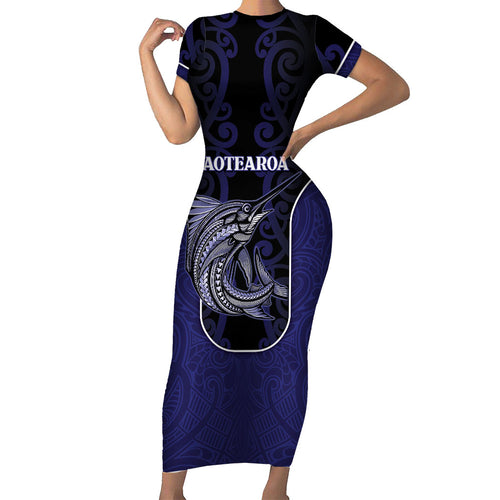 Personalised New Zealand Aotearoa Family Matching Short Sleeve Bodycon Dress and Hawaiian Shirt Blue Marlin Fishing Maori Pattern