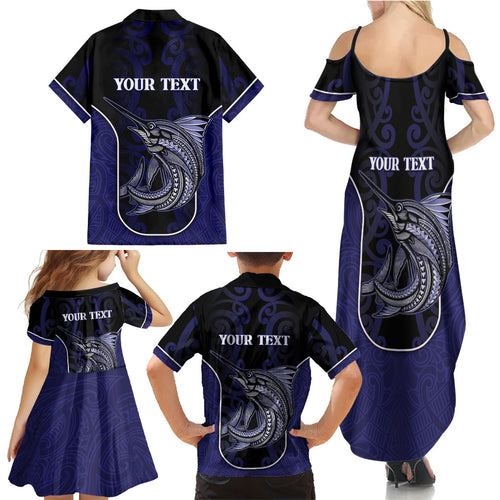 Personalised New Zealand Aotearoa Family Matching Summer Maxi Dress and Hawaiian Shirt Blue Marlin Fishing Maori Pattern