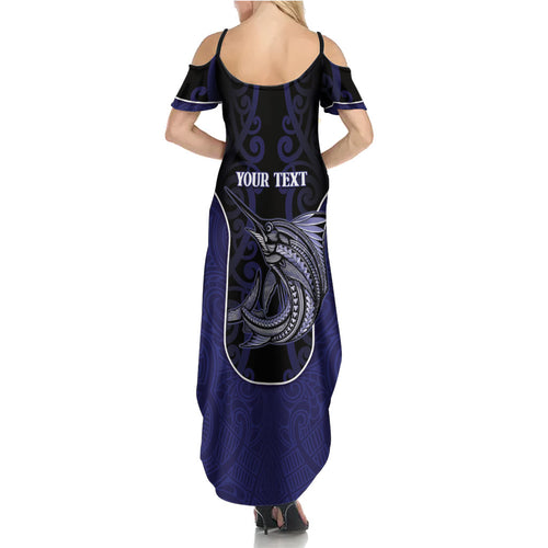 Personalised New Zealand Aotearoa Family Matching Summer Maxi Dress and Hawaiian Shirt Blue Marlin Fishing Maori Pattern