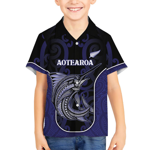 Personalised New Zealand Aotearoa Family Matching Summer Maxi Dress and Hawaiian Shirt Blue Marlin Fishing Maori Pattern