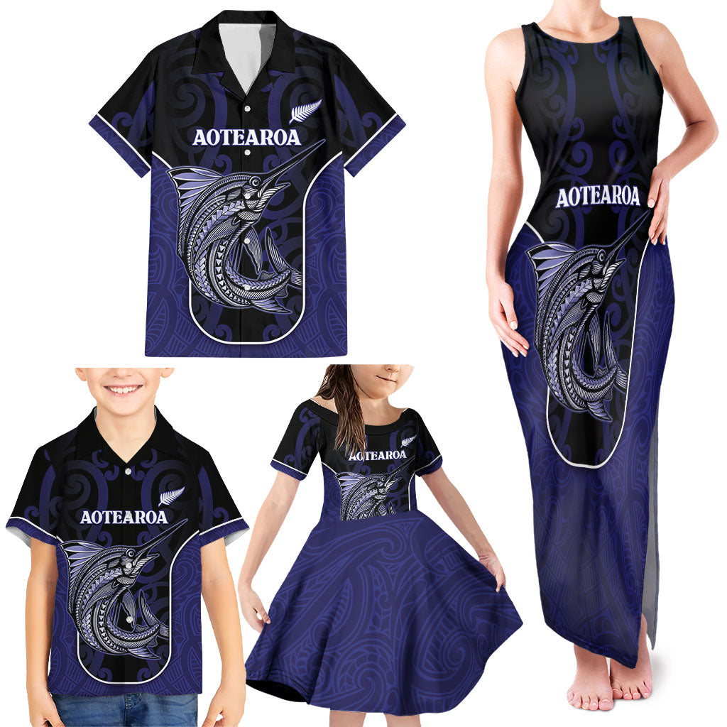 Personalised New Zealand Aotearoa Family Matching Tank Maxi Dress and Hawaiian Shirt Blue Marlin Fishing Maori Pattern