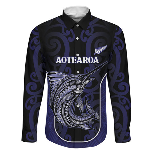 Personalised New Zealand Aotearoa Family Matching Tank Maxi Dress and Hawaiian Shirt Blue Marlin Fishing Maori Pattern