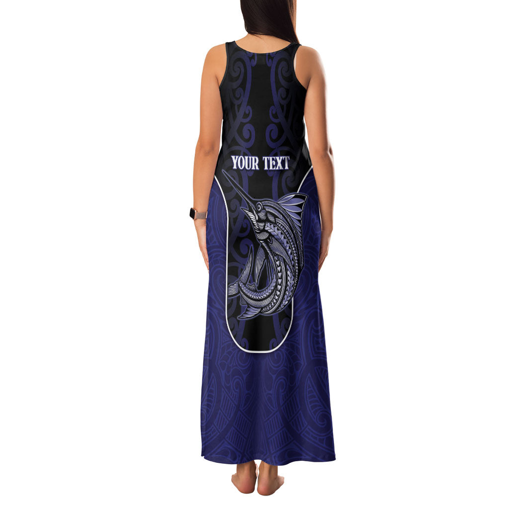 Personalised New Zealand Aotearoa Family Matching Tank Maxi Dress and Hawaiian Shirt Blue Marlin Fishing Maori Pattern