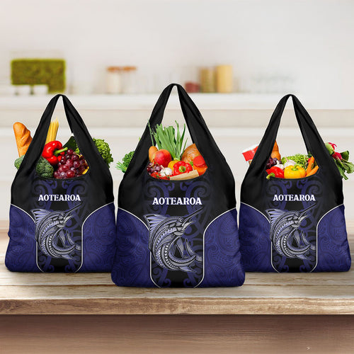 New Zealand Aotearoa Grocery Bag Blue Marlin Fishing Maori Pattern