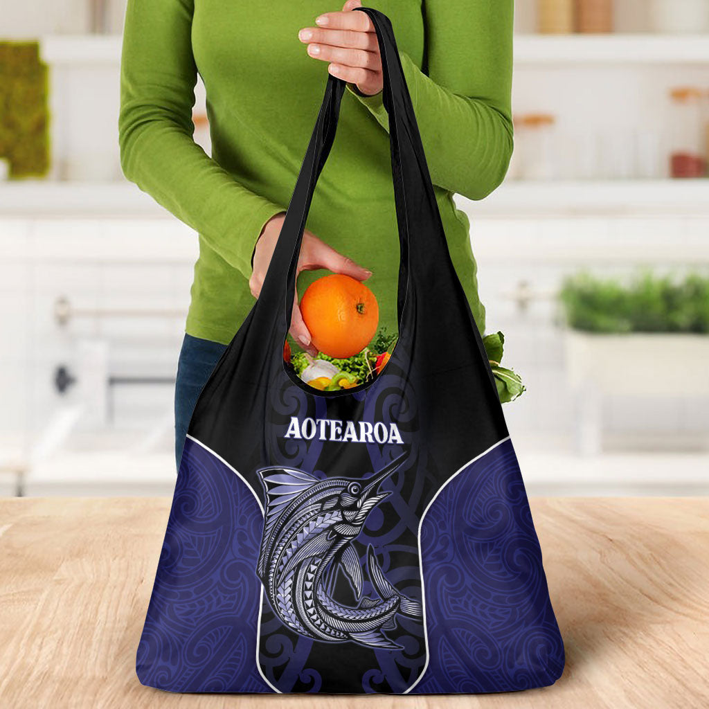 New Zealand Aotearoa Grocery Bag Blue Marlin Fishing Maori Pattern