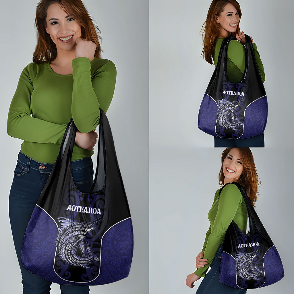 New Zealand Aotearoa Grocery Bag Blue Marlin Fishing Maori Pattern