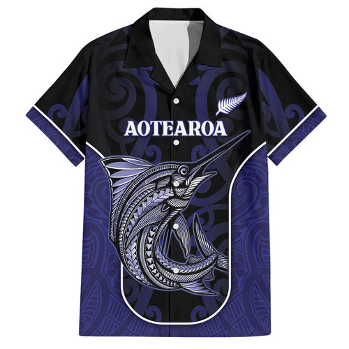 Personalised New Zealand Aotearoa Hawaiian Shirt Blue Marlin Fishing Maori Pattern