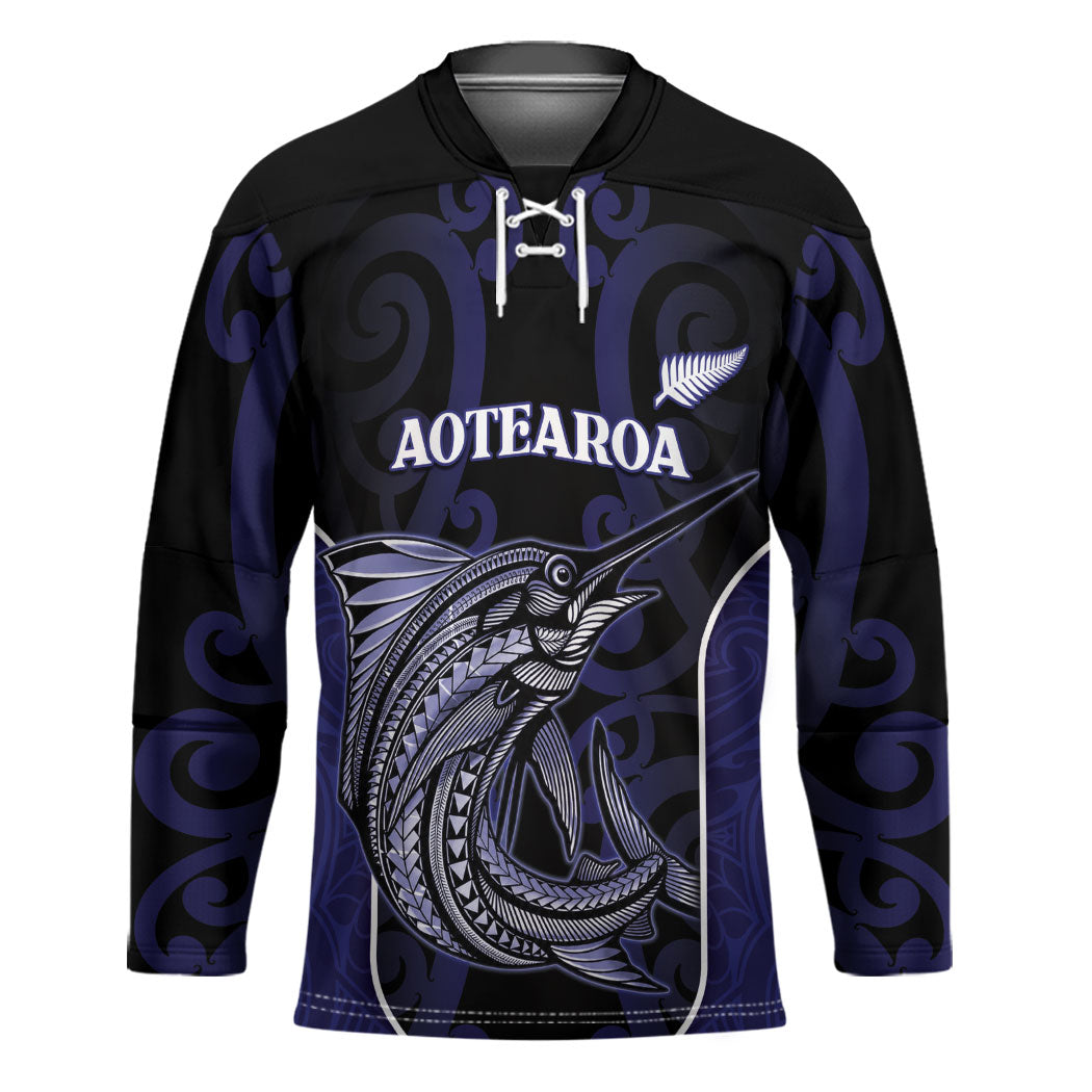Personalised New Zealand Aotearoa Hockey Jersey Blue Marlin Fishing Maori Pattern