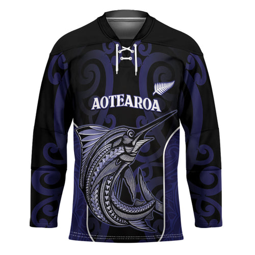 Personalised New Zealand Aotearoa Hockey Jersey Blue Marlin Fishing Maori Pattern