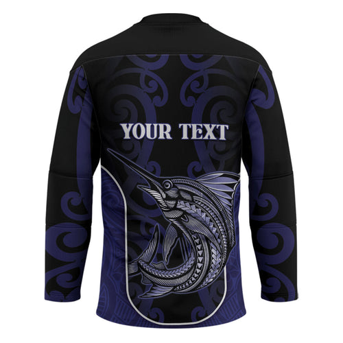 Personalised New Zealand Aotearoa Hockey Jersey Blue Marlin Fishing Maori Pattern