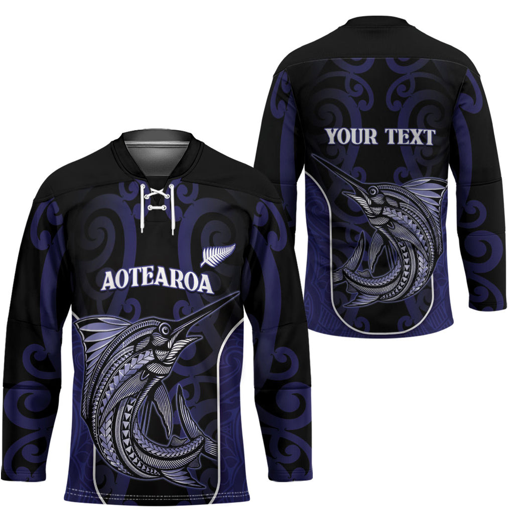 Personalised New Zealand Aotearoa Hockey Jersey Blue Marlin Fishing Maori Pattern