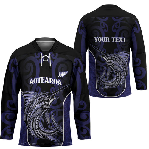 Personalised New Zealand Aotearoa Hockey Jersey Blue Marlin Fishing Maori Pattern