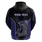 Personalised New Zealand Aotearoa Hoodie Blue Marlin Fishing Maori Pattern