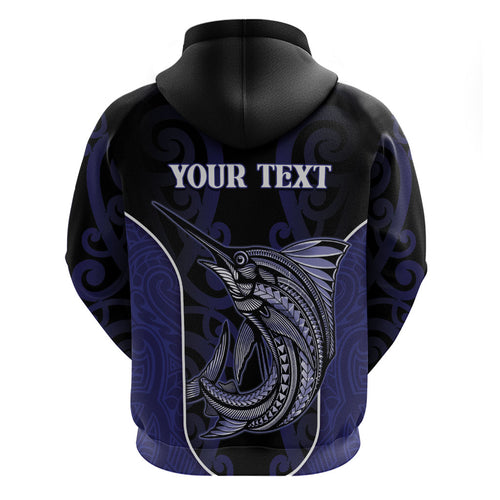 Personalised New Zealand Aotearoa Hoodie Blue Marlin Fishing Maori Pattern