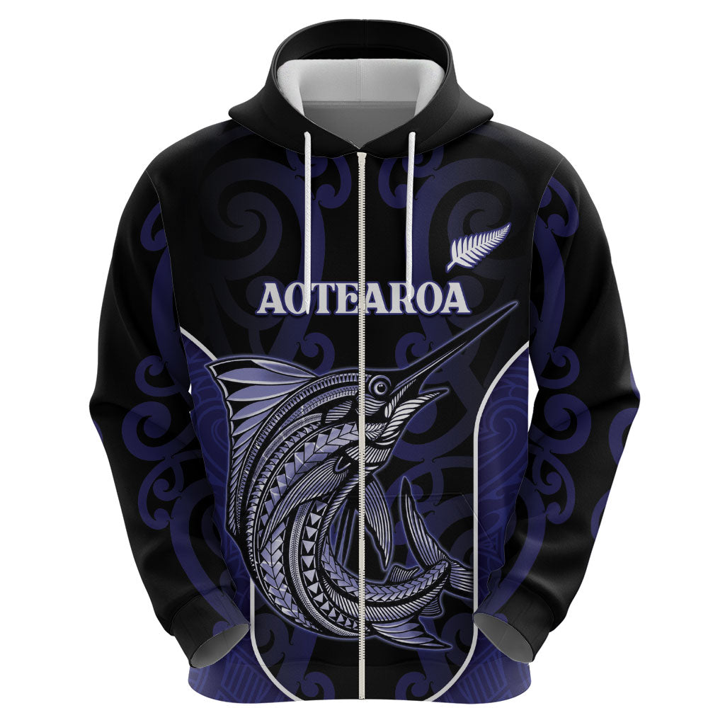 Personalised New Zealand Aotearoa Hoodie Blue Marlin Fishing Maori Pattern
