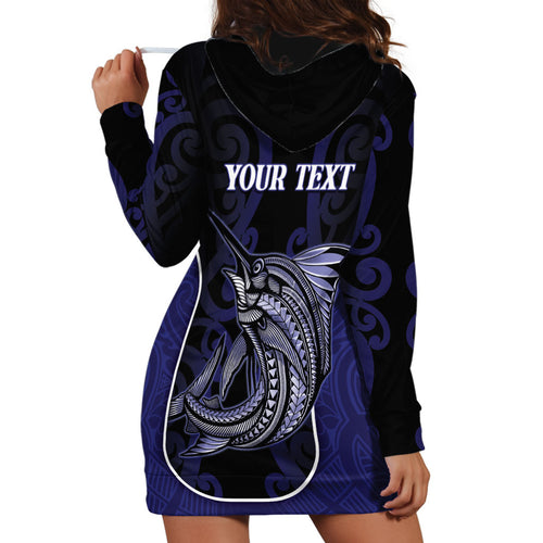 Personalised New Zealand Aotearoa Hoodie Dress Blue Marlin Fishing Maori Pattern