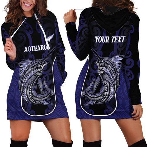 Personalised New Zealand Aotearoa Hoodie Dress Blue Marlin Fishing Maori Pattern