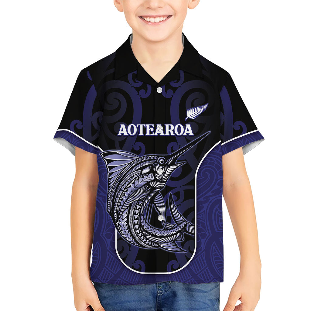 Personalised New Zealand Aotearoa Kid Hawaiian Shirt Blue Marlin Fishing Maori Pattern