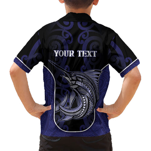 Personalised New Zealand Aotearoa Kid Hawaiian Shirt Blue Marlin Fishing Maori Pattern