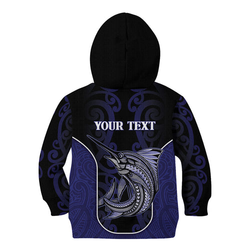 Personalised New Zealand Aotearoa Kid Hoodie Blue Marlin Fishing Maori Pattern