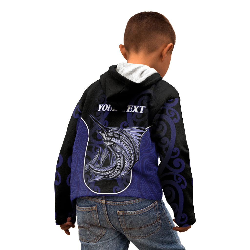 Personalised New Zealand Aotearoa Kid Hoodie Blue Marlin Fishing Maori Pattern