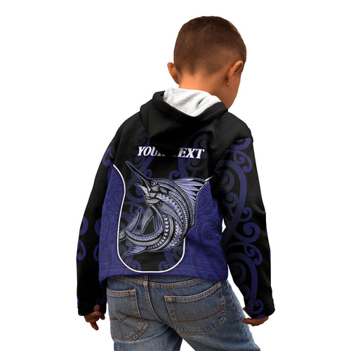 Personalised New Zealand Aotearoa Kid Hoodie Blue Marlin Fishing Maori Pattern