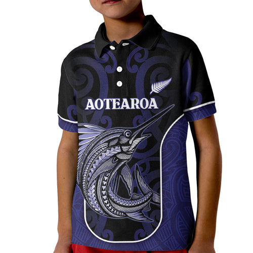 Personalised New Zealand Aotearoa Kid Polo Shirt Blue Marlin Fishing Maori Pattern