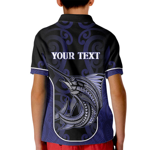 Personalised New Zealand Aotearoa Kid Polo Shirt Blue Marlin Fishing Maori Pattern