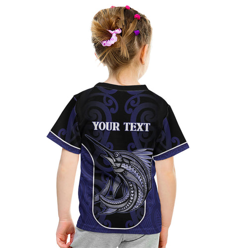Personalised New Zealand Aotearoa Kid T Shirt Blue Marlin Fishing Maori Pattern