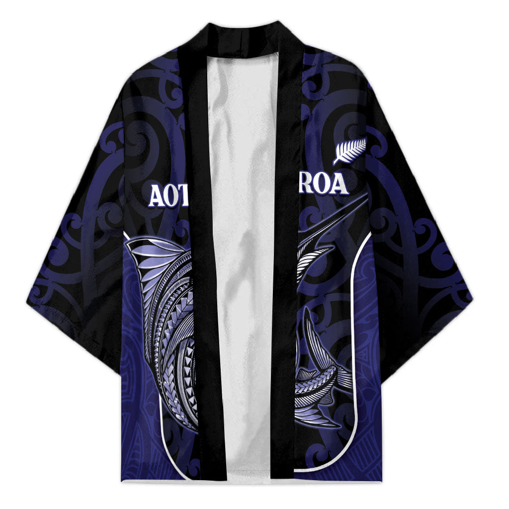 Personalised New Zealand Aotearoa Kimono Blue Marlin Fishing Maori Pattern