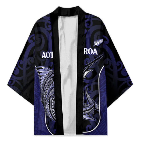 Personalised New Zealand Aotearoa Kimono Blue Marlin Fishing Maori Pattern