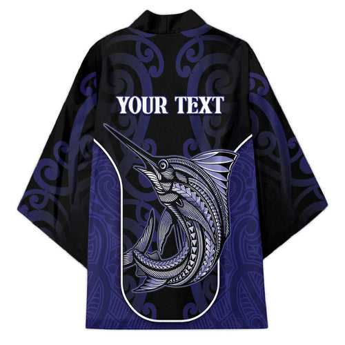 Personalised New Zealand Aotearoa Kimono Blue Marlin Fishing Maori Pattern