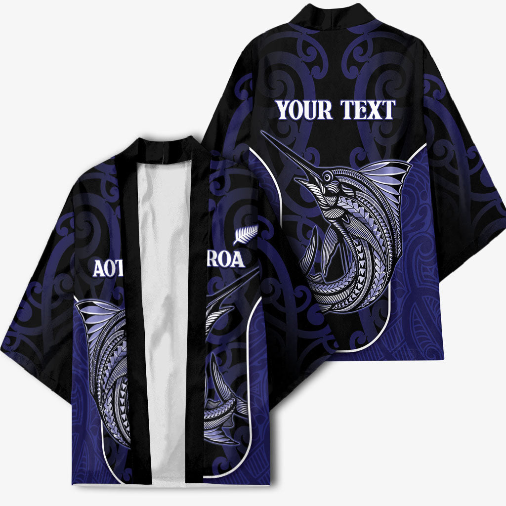 Personalised New Zealand Aotearoa Kimono Blue Marlin Fishing Maori Pattern