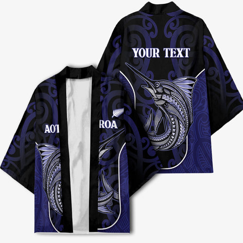 Personalised New Zealand Aotearoa Kimono Blue Marlin Fishing Maori Pattern