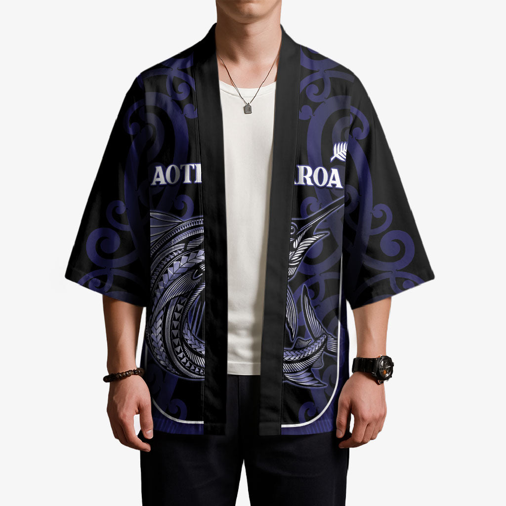 Personalised New Zealand Aotearoa Kimono Blue Marlin Fishing Maori Pattern