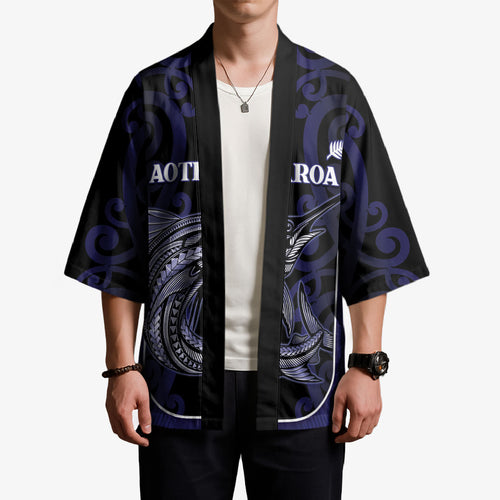 Personalised New Zealand Aotearoa Kimono Blue Marlin Fishing Maori Pattern